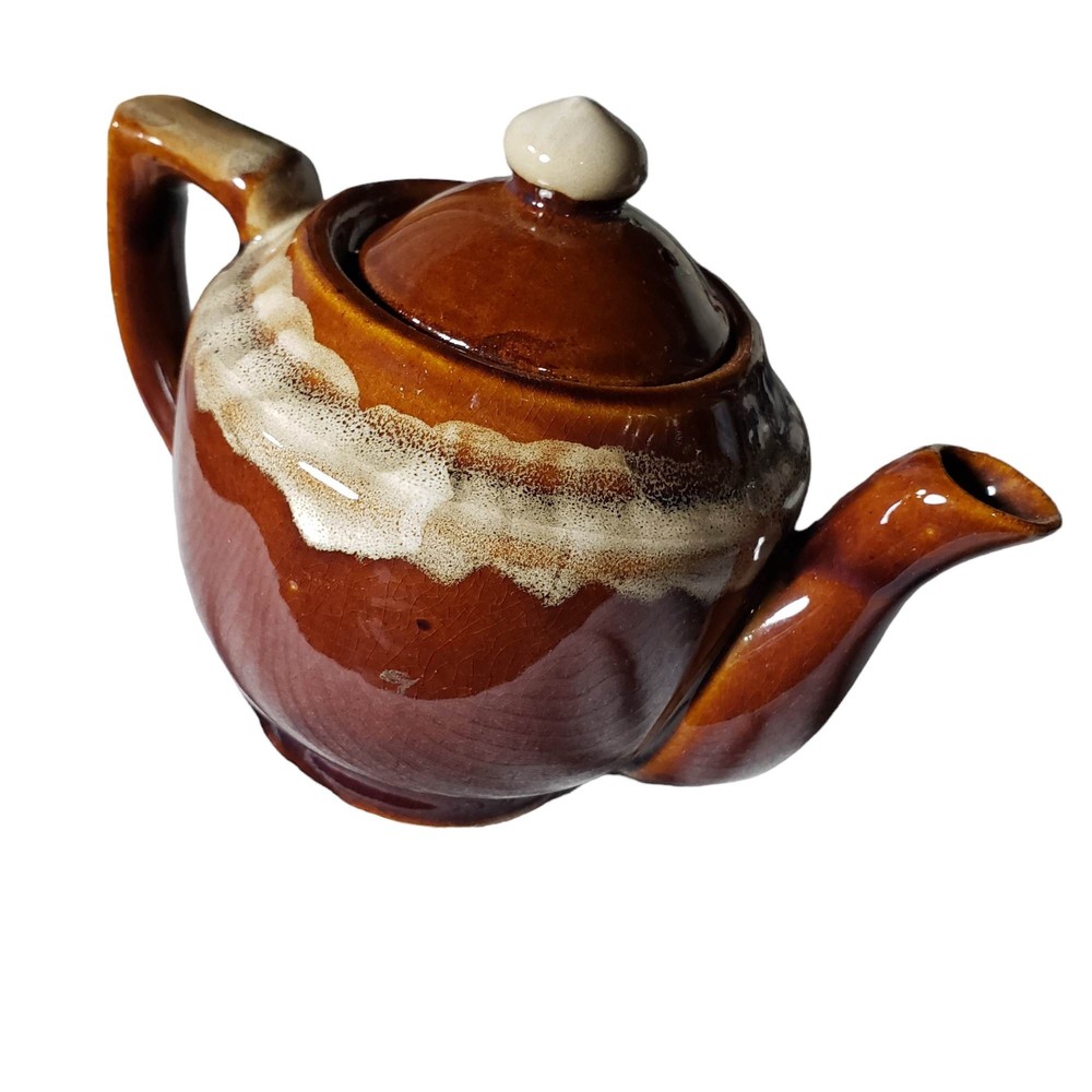 Vintage Brown Two-Cup Teapot Unbranded Pottery Mid-Century Teapot As Is